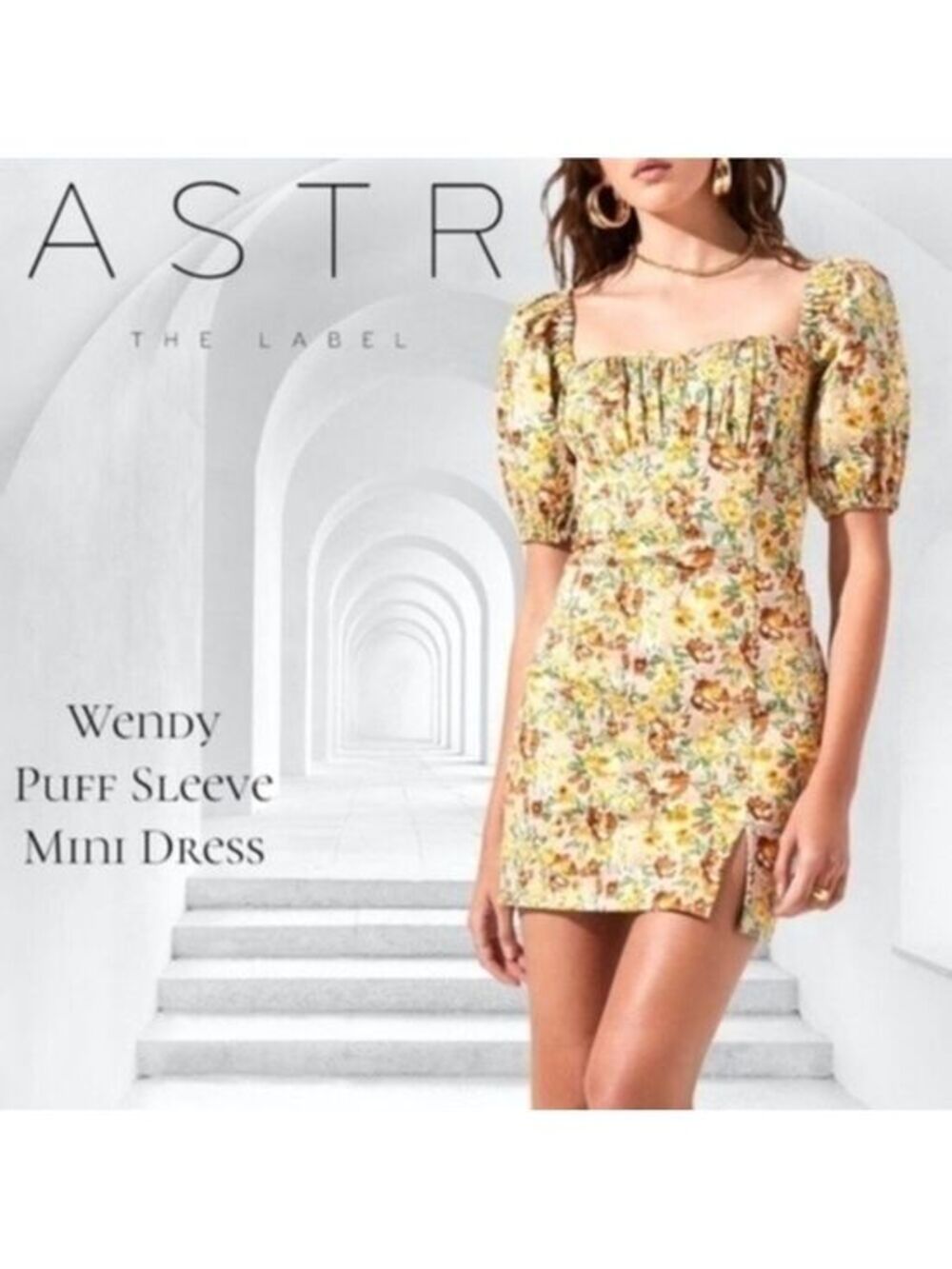 ASTR THE LABEL Wendy Yellow/Brown-Floral Puff Sleeve Ruched Bust MiniDress NWT